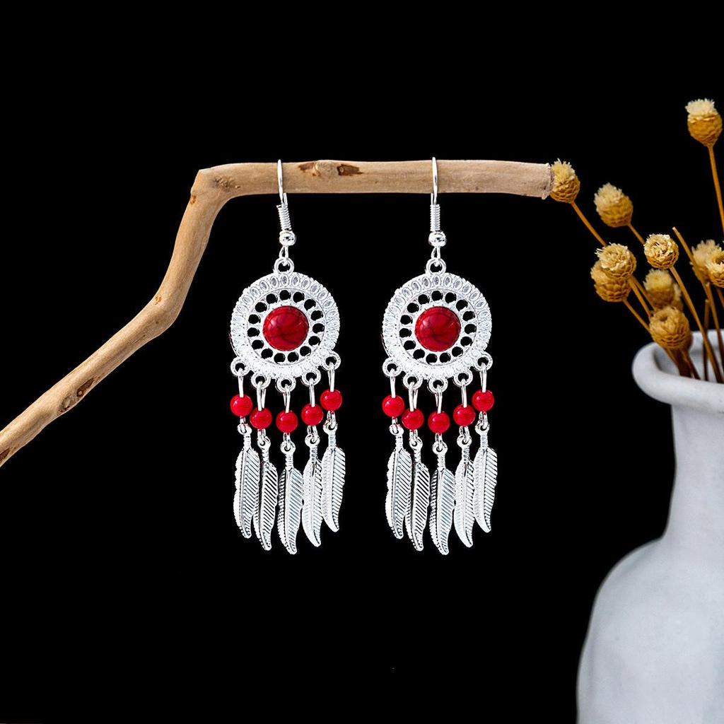 Bohemian Ethnic Tassel Earrings In Miao Silver with Turquoise