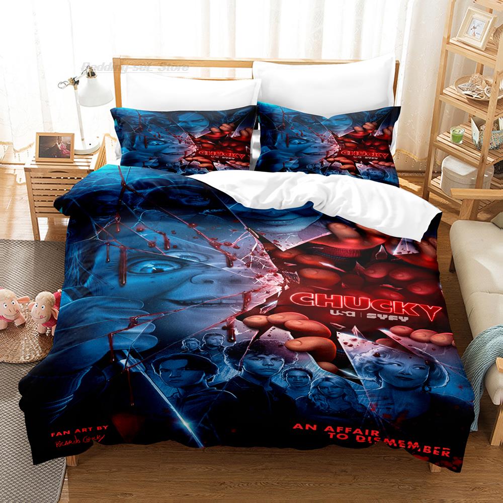 Juego de ropa de cama Chucky para cama individual, doble, queen o king size. Juego de funda nórdica para dormitorio de adulto o niño. Diseño 3D de Halloween.