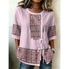 Women's Ethnic Geometric Print Casual Blouse, Button Tie Front Loose Top with Pockets for Spring Summer Daily Wear