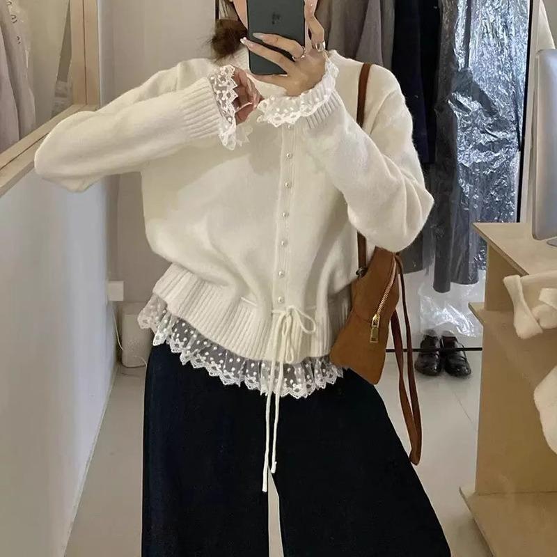 Spring and Autumn New Lace Splicing Sweet Knitted Cardigan Top Women's Waist Skinny Lace Sweater Jacket Women