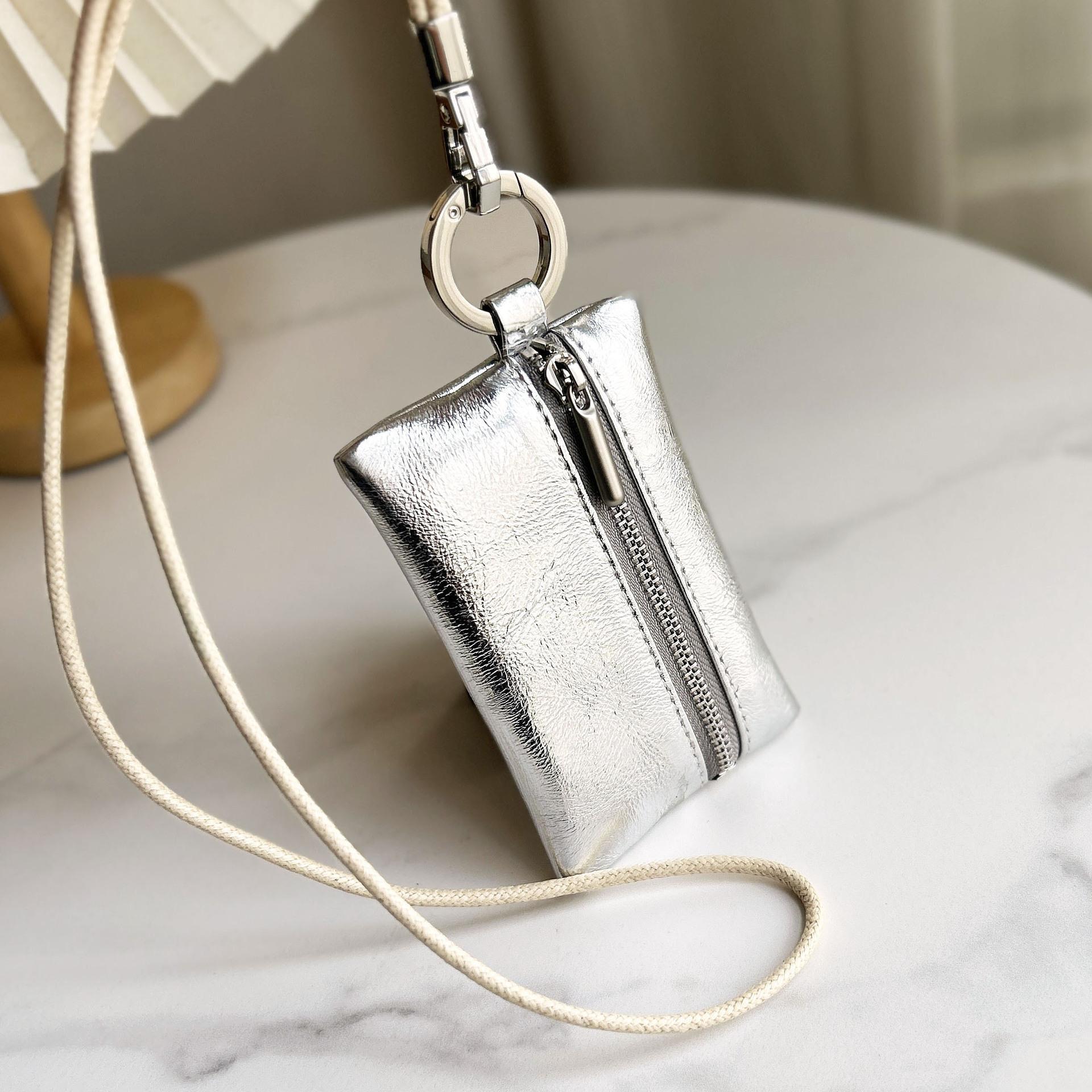 Verticale Mini Portemonnee met Litchi Textuur en Nekkoord Zilver Bruin Zwart Grijs gray