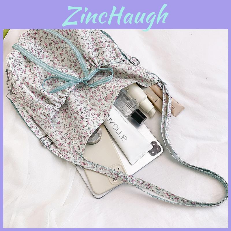 Cute Nylon Flower Bow Pattern Bag With Zipper Closure And Inner Pocket For Students
