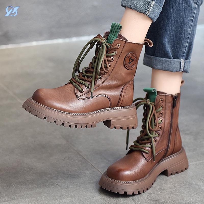 First-layer cowhide British wind locomotive boots round head thick-soled versatile short boots women's autumn and winter high-top Martin boots women's