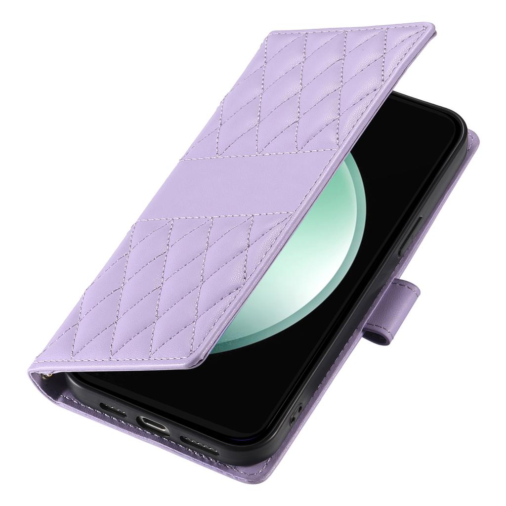 For Samsung Galaxy S25 FE Case Rhombus Stitching Wallet Stand Leather Phone Cover with Long/Short Strap