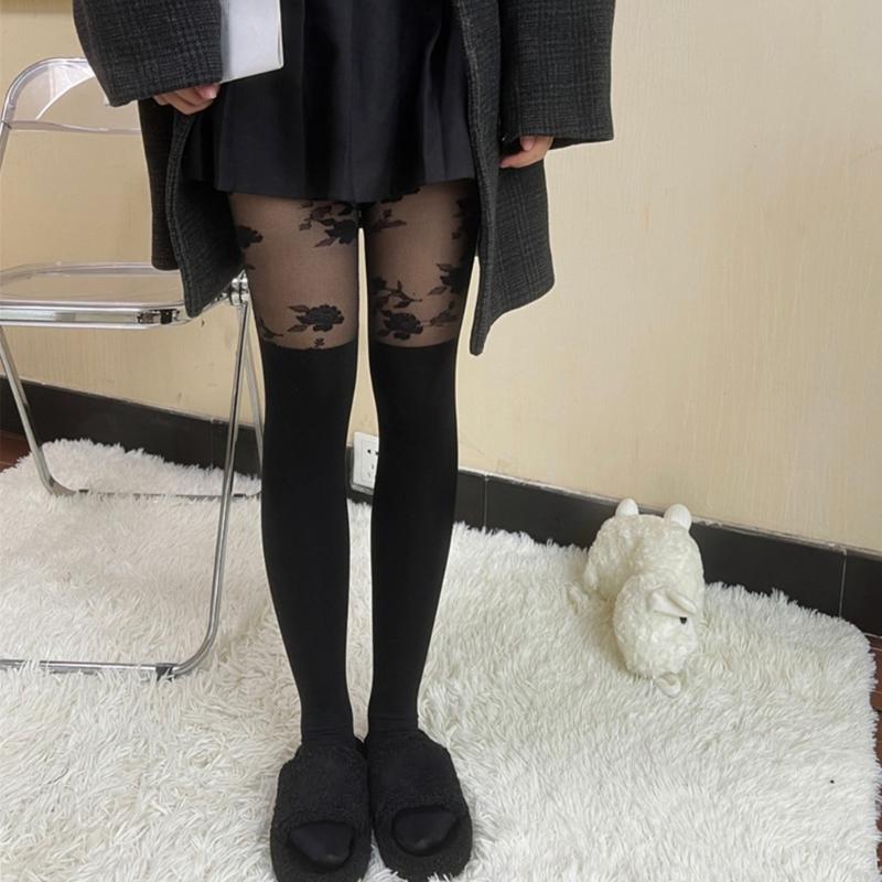 Sexy Women Faux Thigh High Socks Pantyhose Japanese JK Cute Jacquard Pattern Patchwork Stockings Mock Suspender Tights