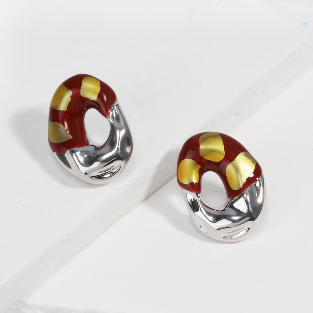 New Design Gilt Red Creative Gold Plated Irregular Round Geometric Earrings for Women Statement Studs Fashion Jewelry Waterproof
