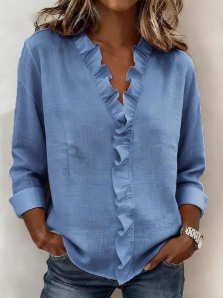 European Spring 2026 Women's Ruffle Trim Long-Sleeve Cotton Shirt