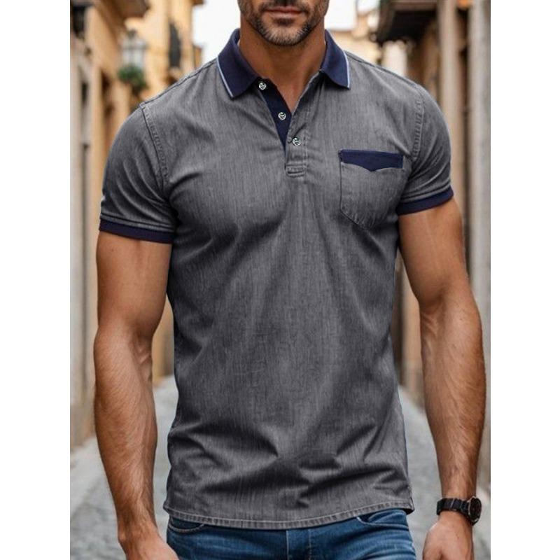 Summer Vintage Polo-neck Casual Fashion Short Sleeve T-shirt Male Patchwork Denim Tee Pullover Top Men