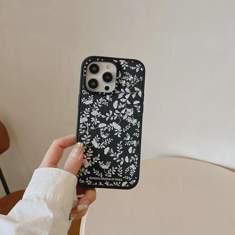 Matte Black Magnetic Metal Floral Graffiti Case for Apple iPhone 14, 15 Pro, 16 Pro Max