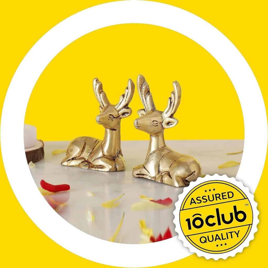 Brass Deer for Home Decor - 2 Piece (6.5 inches,) - 100% Pure Brass Decorative Brass Deer (Hiran) for Desk, Car,  Yellow Antique Finish