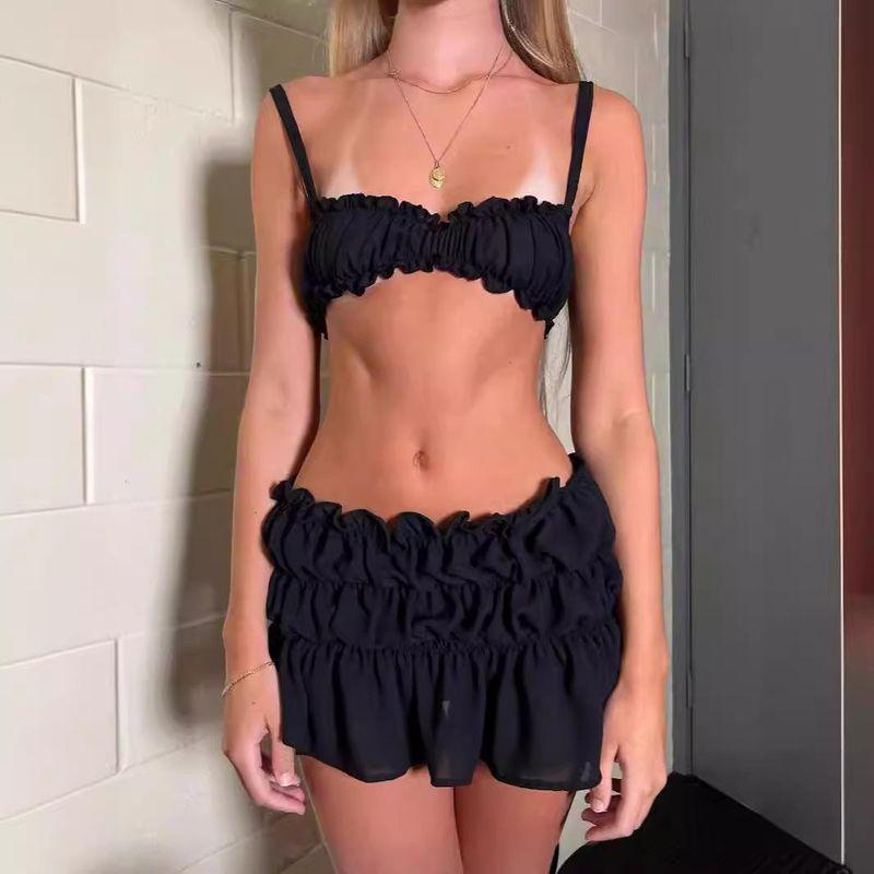 Gyaru Set Women 2025 New Pure Sexy Sling Vest Top + High Waist Frill Short Skirt Shorts