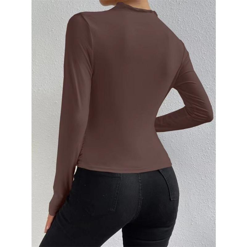 Fashion Long Sleeved Pleated Slim Fit Women T-shirt Solid Color Elegant Half Turtleneck Slim-fit Bottoming Tees Shirt Female Solid Color Basic Tops