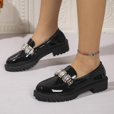 Fashion Luxury Crystal Patent Leather Loafers Women 2025 Autumn Sexy Thick Bottom Medium Heel Office Pumps Solid Black Dress Shoes Lady