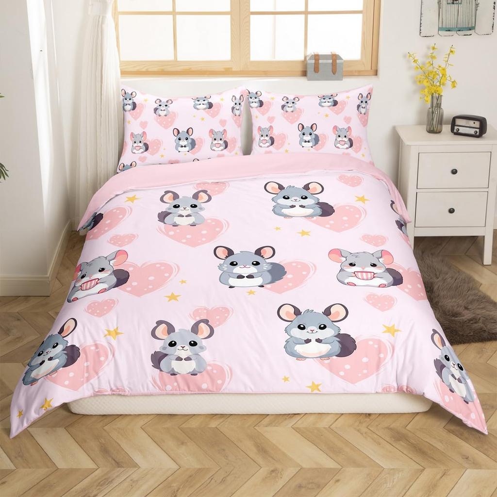 Puppy Dog Duvet Cover Queen King,Cartoon Animal Bedding Set For Kids Boys Girl,Microfiber Watercolor Pink Love Heart Quilt Cover