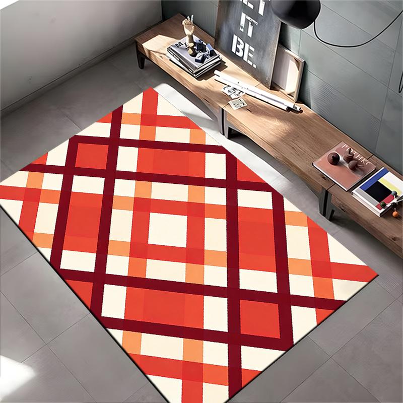 Geometric Pattern Carpet with Red and Orange Plaid Design, Modern Style Suitable for Use As an Anti-slip for Living Room Bedroom Sofas