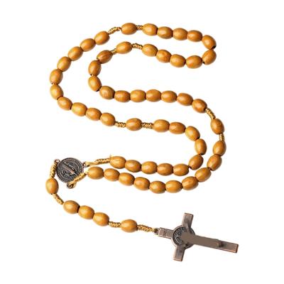 Vintage Look Rosary Necklace Handmade with Wood Beads 8mm and 10mm Including 5.2cm Pendant for Prayer and Fashion Accessory
