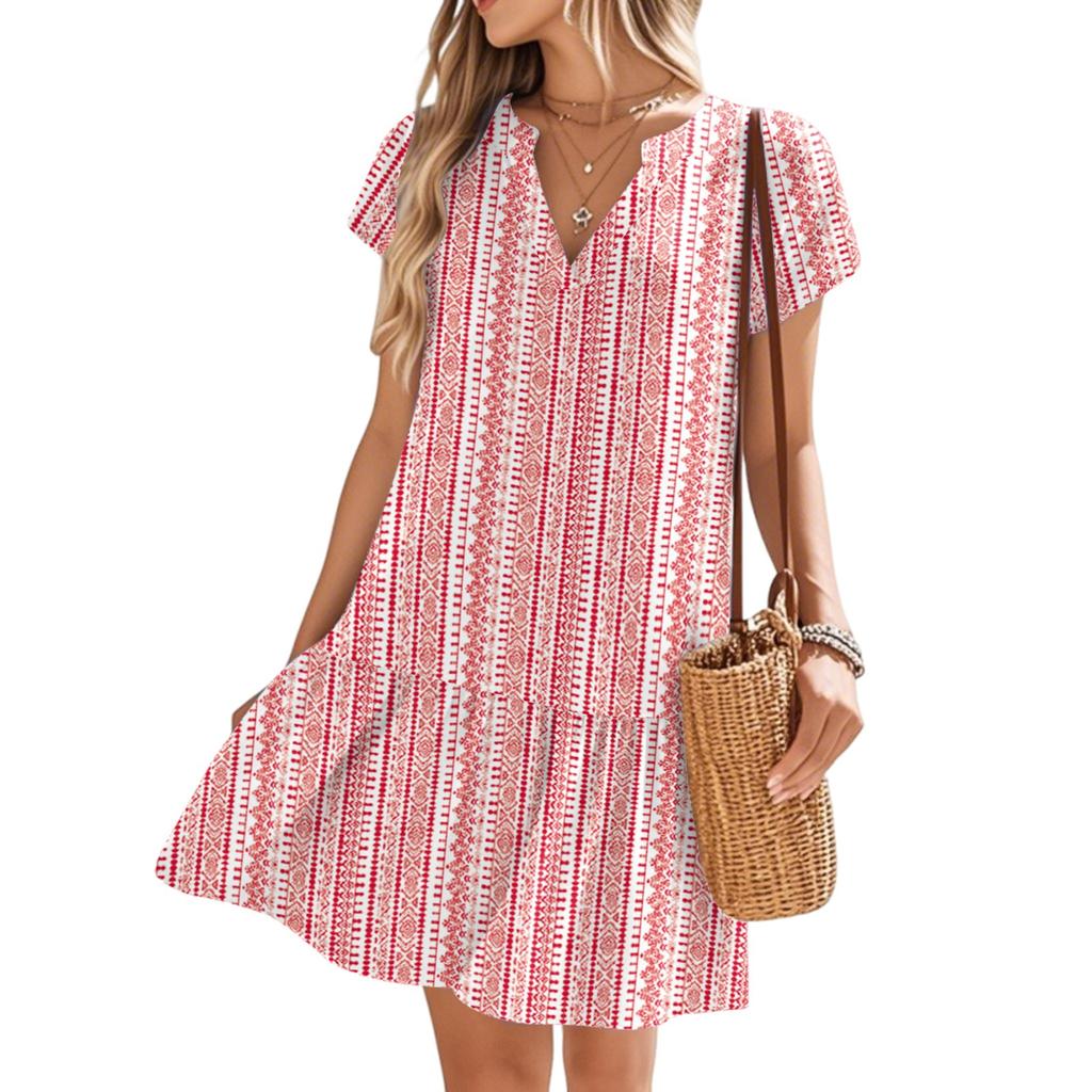 Women's Dresses Short Sleeve V-Neck Floral Printed Loose Casual Temperament Beach Dresses