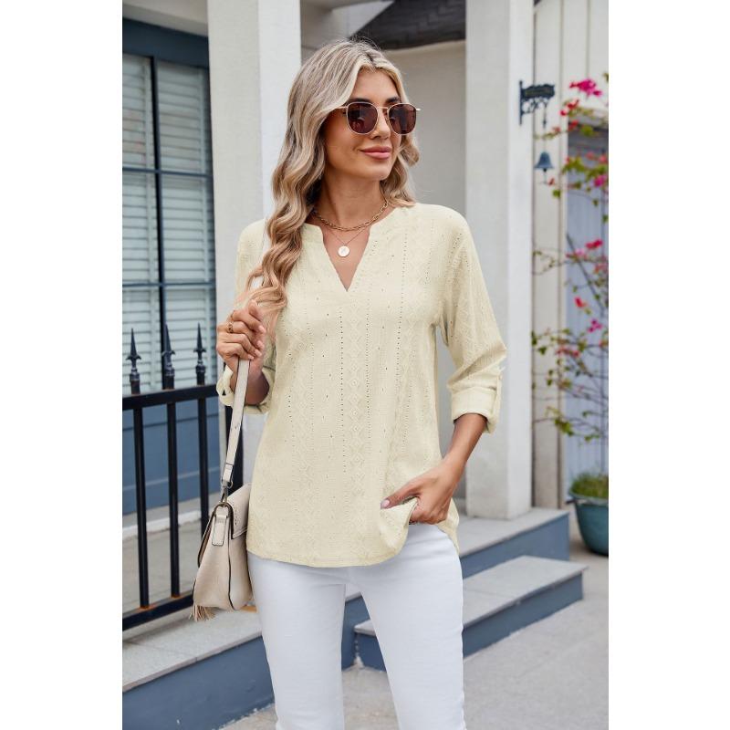 Damen Frühling und Sommer Neues einfarbiges V-Ausschnitt Siebenviertelärmeliges Knopf-Top-T-Shirt