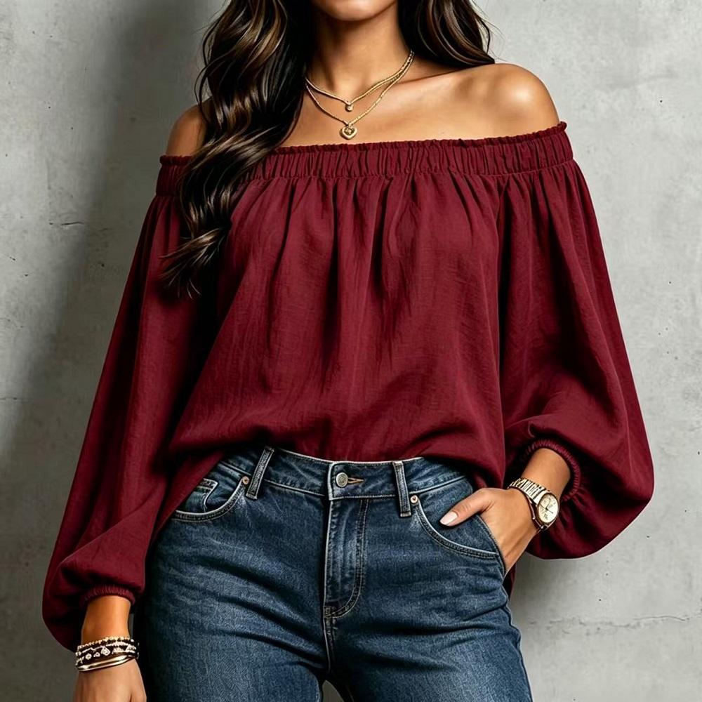 Camiseta casual suelta de manga larga sexy de hombros descubiertos para primavera y otoño, camiseta para mujer, camiseta mujer, tops
