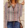 Retro Colorful Striped V-neck Zipper Top for Women, Versatile Slimming Long-sleeved Bottoming T-shirt