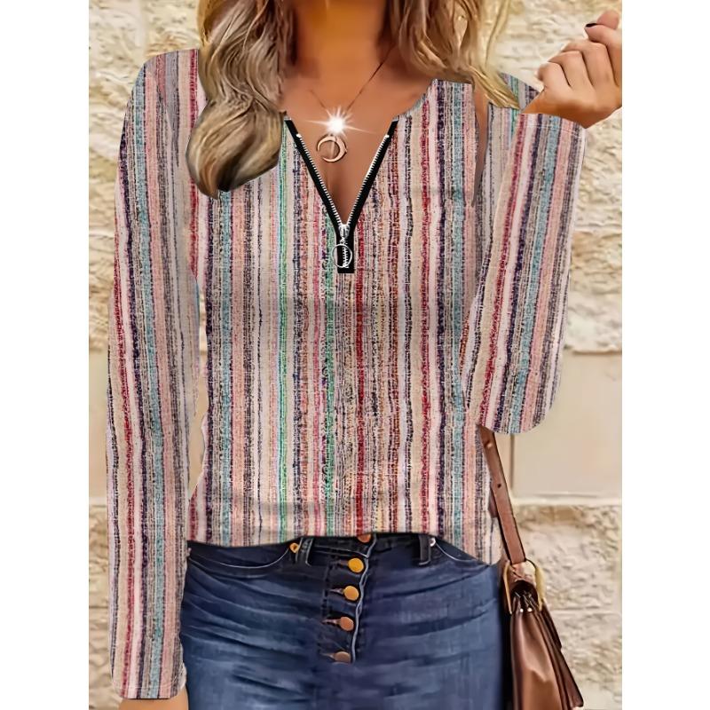 Retro Colorful Striped V-neck Zipper Top for Women, Versatile Slimming Long-sleeved Bottoming T-shirt