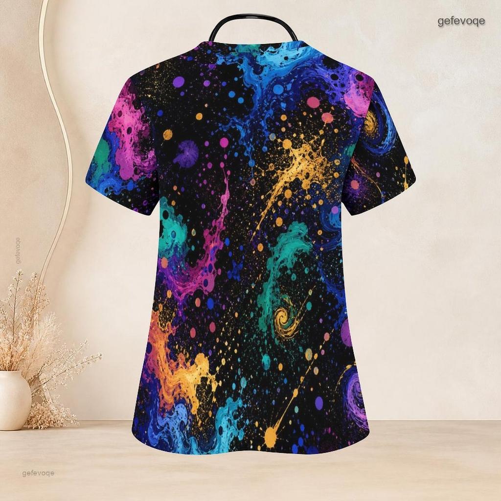 Women Plus Size Black Printed Nurse Scrub Top V Neck Short Sleeve With Front Pockets