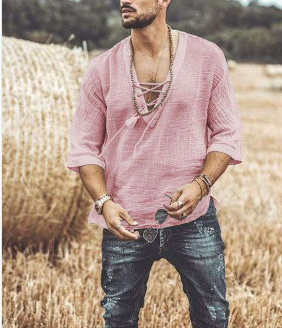 2025 New Style Men's Chest Tie-Up Eyelet Short Sleeve T-Shirt