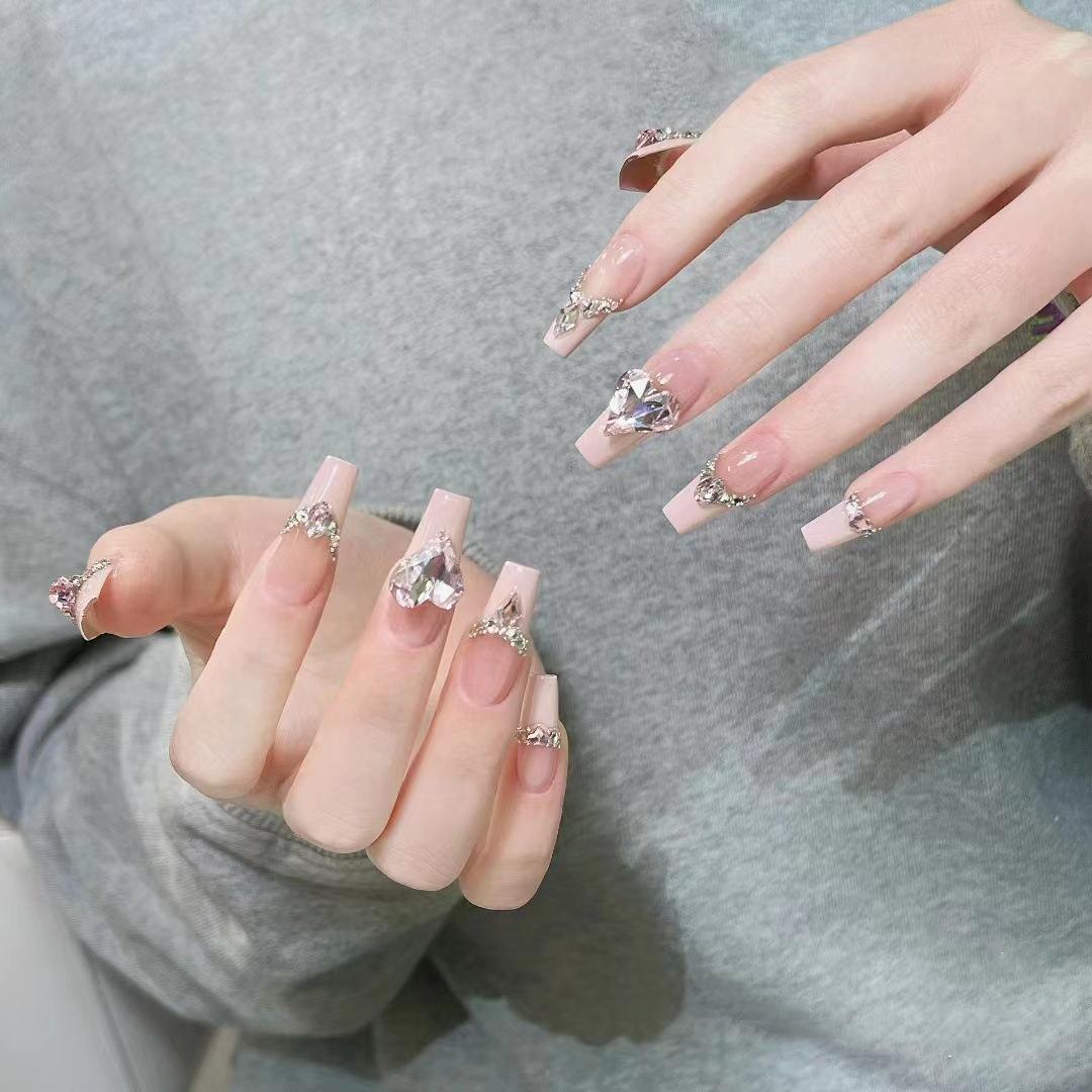 

Персиковое сердце Гелевые накладные ногти с крошкой бриллиантов - Розовый принцессный бабочковый арт Medium