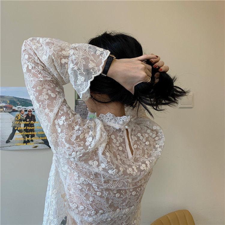 Camicia a maniche lunghe in rete delicata con pizzo interno da indossare sotto, con velluto, da donna, autunno e inverno, camicetta in stile occidentale, camicetta in pizzo