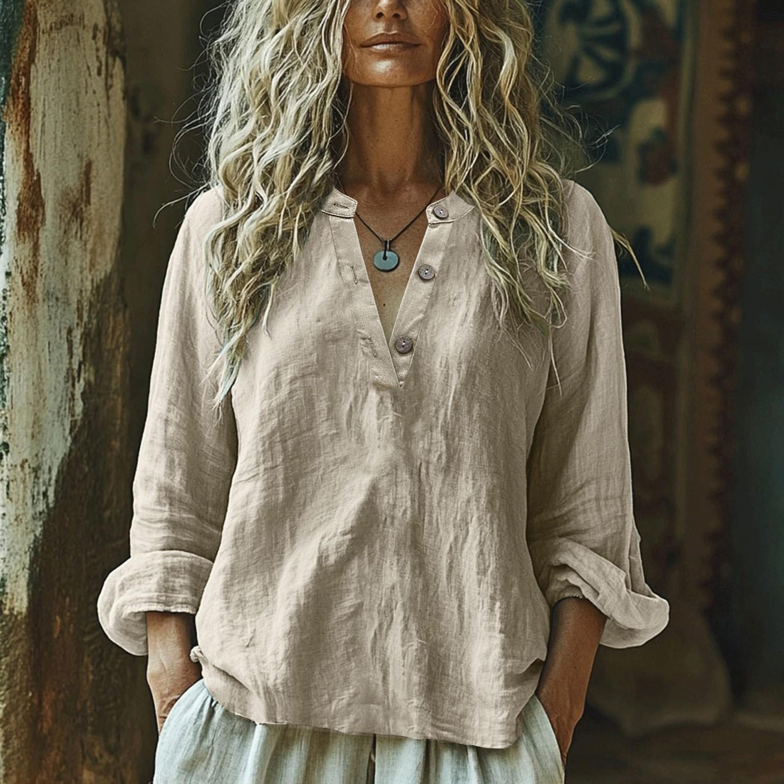 

Женская модная и повседневная однотонная рубашка с V-образным вырезом на пуговицах и длинными рукавами из хлопка и льна XXL бежевый
