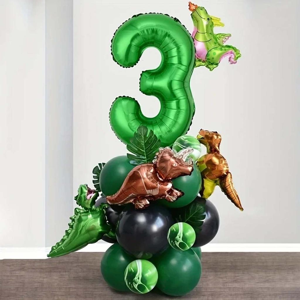 25 Stück grünes Dschungel-Dinosaurier-Digitalset für Jungen-Geburtstagsparty-Dekoration Nummer Ballonsäule Tyrannosaurus rex Feuerdrache