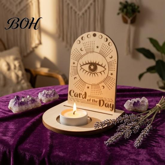 Gift for Housewarming Wooden Tarot Card Holder Stand, of The Day Candle Tealight Holder, Moon Small Wood Stand Candles Sun Star Pattern Altar Display