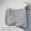 Women's Light Blue Striped V-Neck Bamboo Cotton Short-Sleeve T-Shirt - Loose Fit, Slightly Transparent