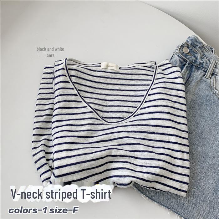 Women's Light Blue Striped V-Neck Bamboo Cotton Short-Sleeve T-Shirt - Loose Fit, Slightly Transparent