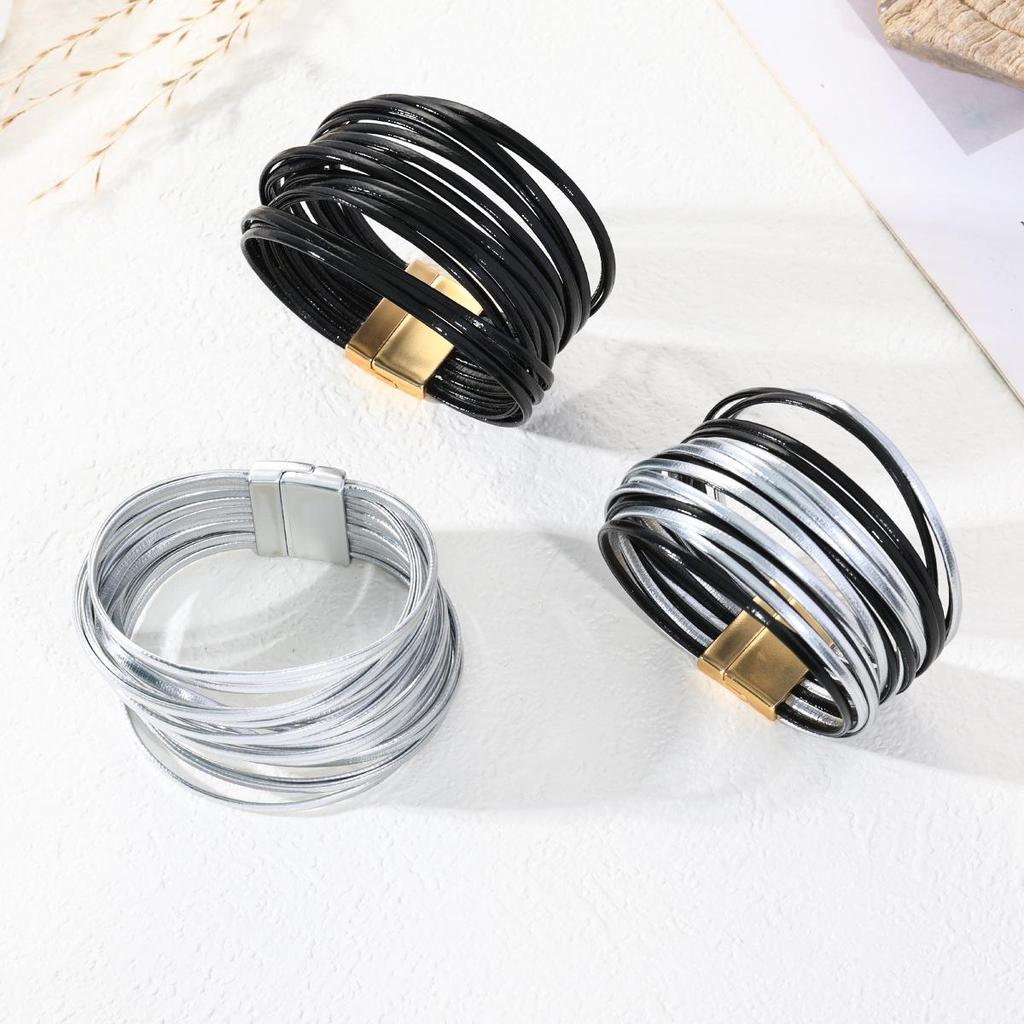Bracciale da Donna Impilabile Multi-Strato in Ecopelle PU - Design Versatile, Antistatico