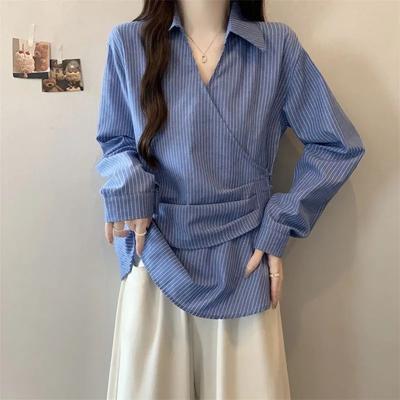 Herbst Neuer Stil Französisches V-Ausschnitt Gestreiftes Hemd Damen Taille Langärmliges Rock Top