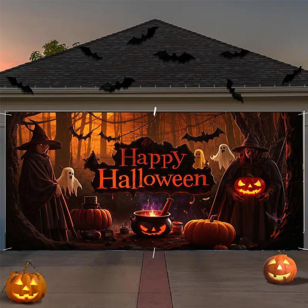 2D flat banner 1PC Halloween garage mystic witch ghost and pumpkin design with "Happy Halloween" text outdoor decorations