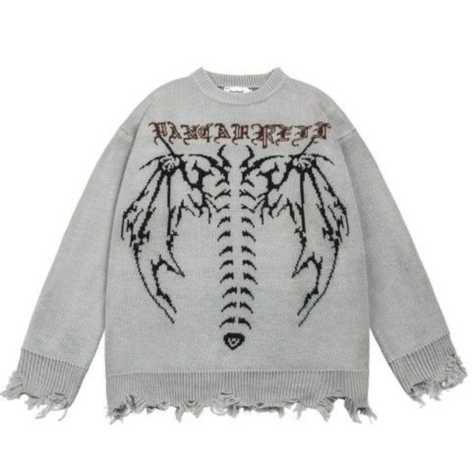Goth Oversize Knitted Sweater Women Grunge Streetwear Black Graphic Pullover Gothic Grey Y2k Long Sleeve Top Winter