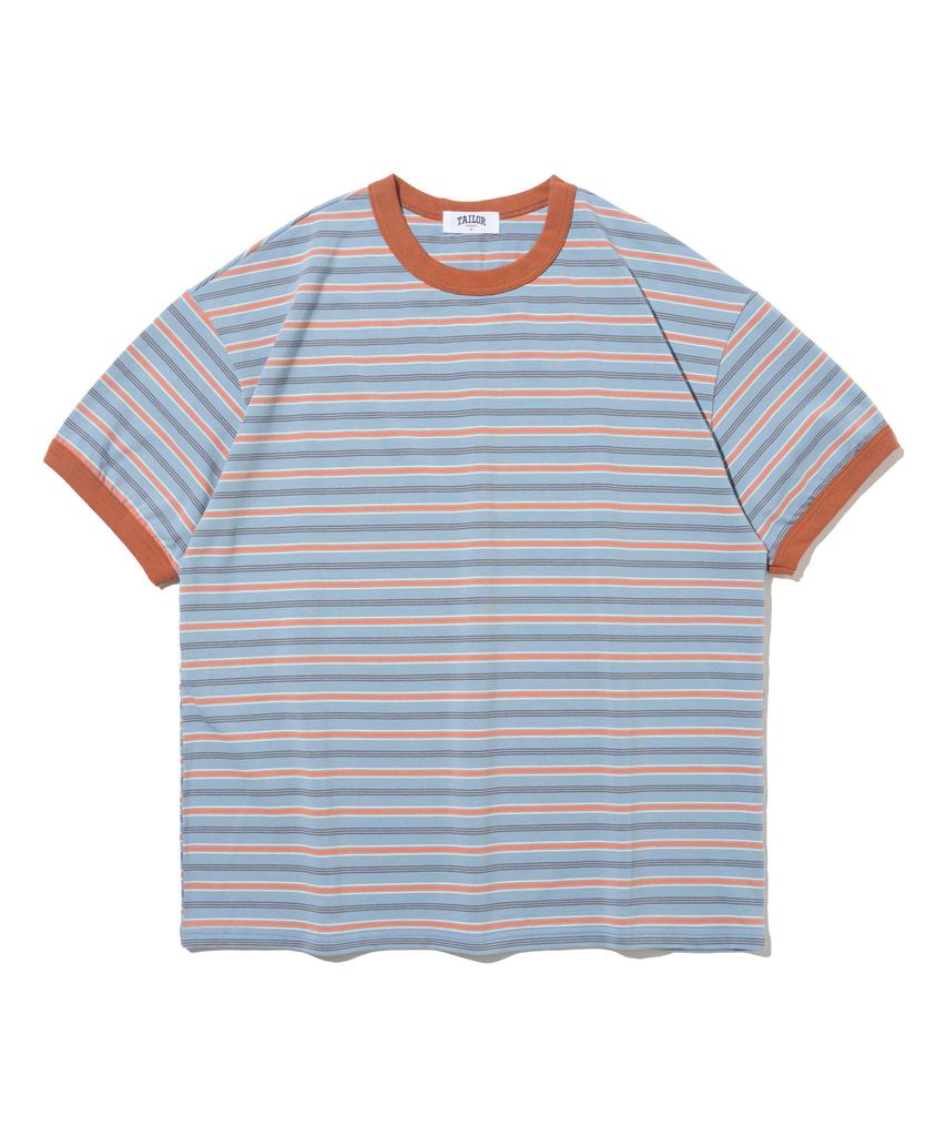 TAILOR STUDIO Soft Campus Striped Short Sleeve T-Shirt (Blue/Orange)