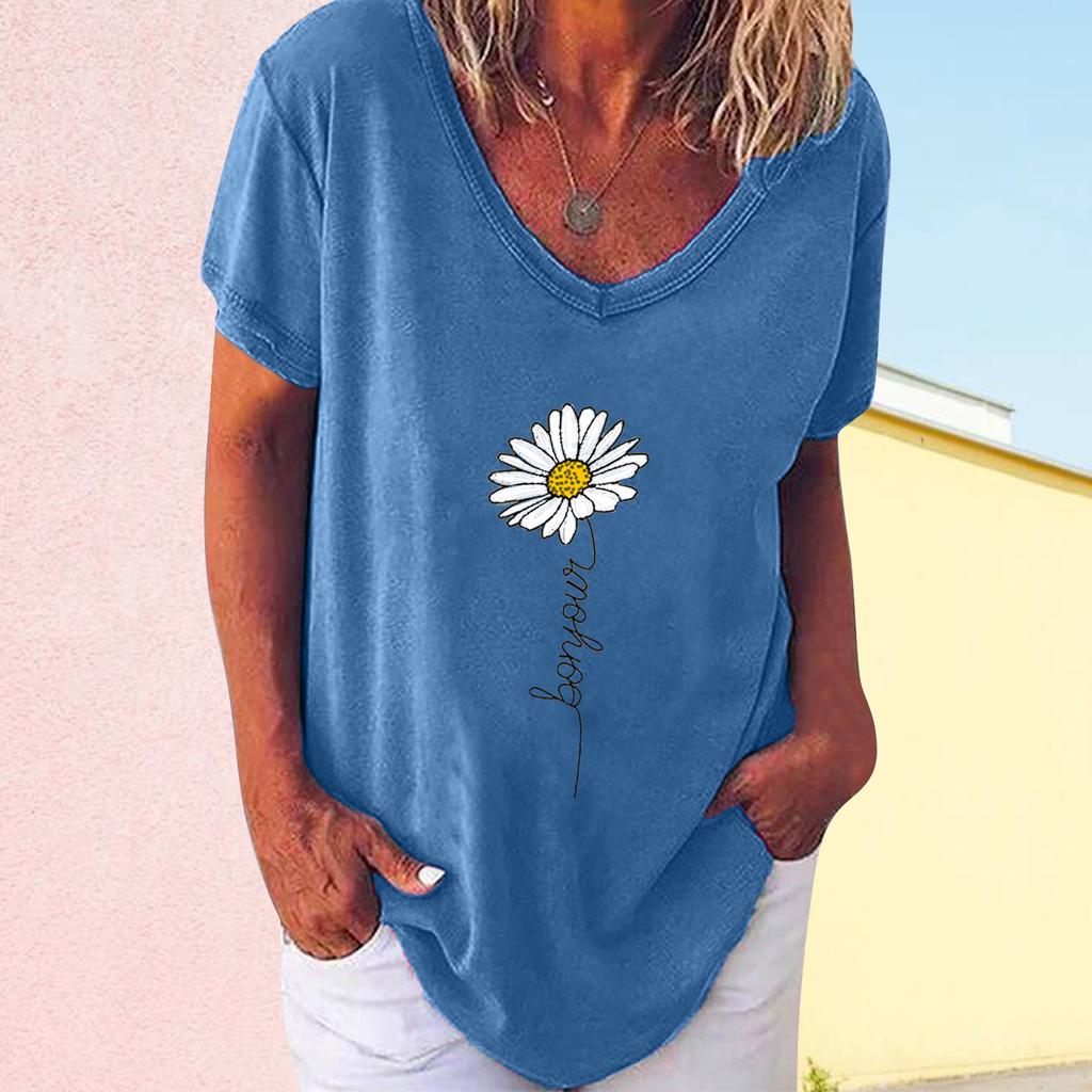 Women V-neck Casual Short-sleeved Small Print Loose Pullover T-shirt Tops