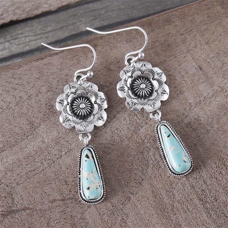 Bohemian Retro Alloy Pendant Earrings with Inlaid Turquoise and Artistic Carvings