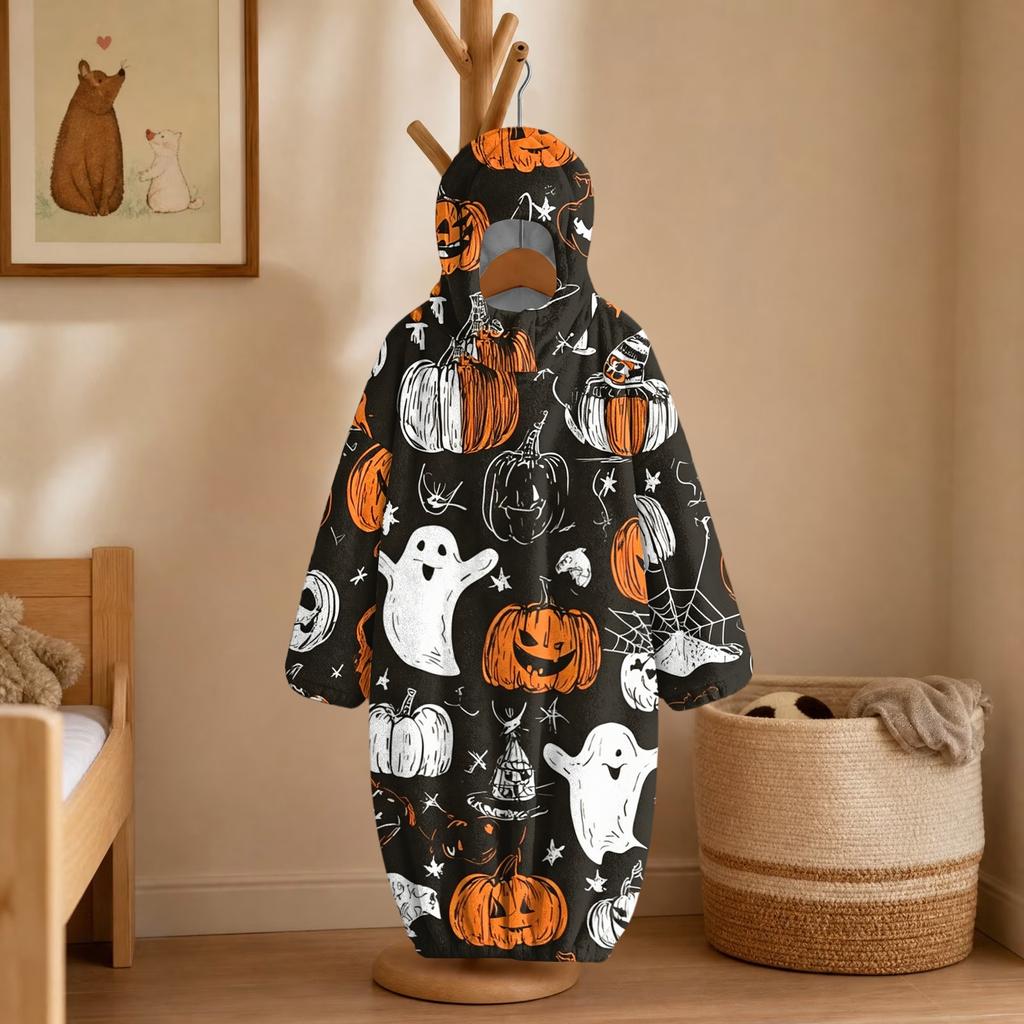 Kids Halloween Printed Flannel Romper Pajama Set for Fun Holiday Sleepwear