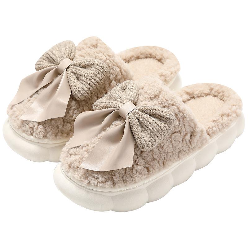 Bow-tie fluffy slippers winter cute indoor home home thick bottom plush warm cotton mop