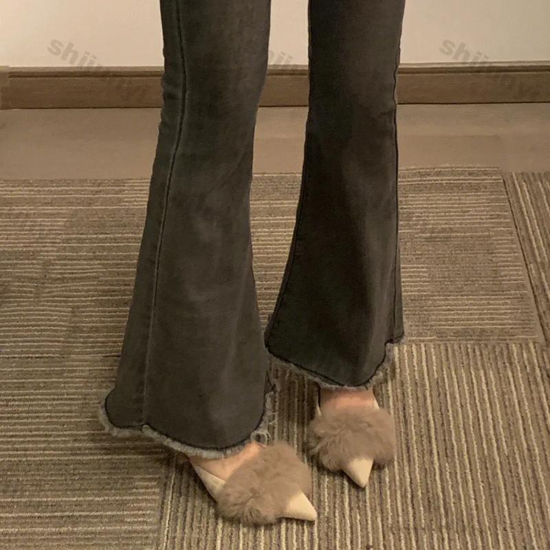 Fashion Women Pointy Heels Half Slippers Square Toe Casual Female Fashion 2025 Spring Trend New Luxury Plush Slides Dress Fur Flip Flops