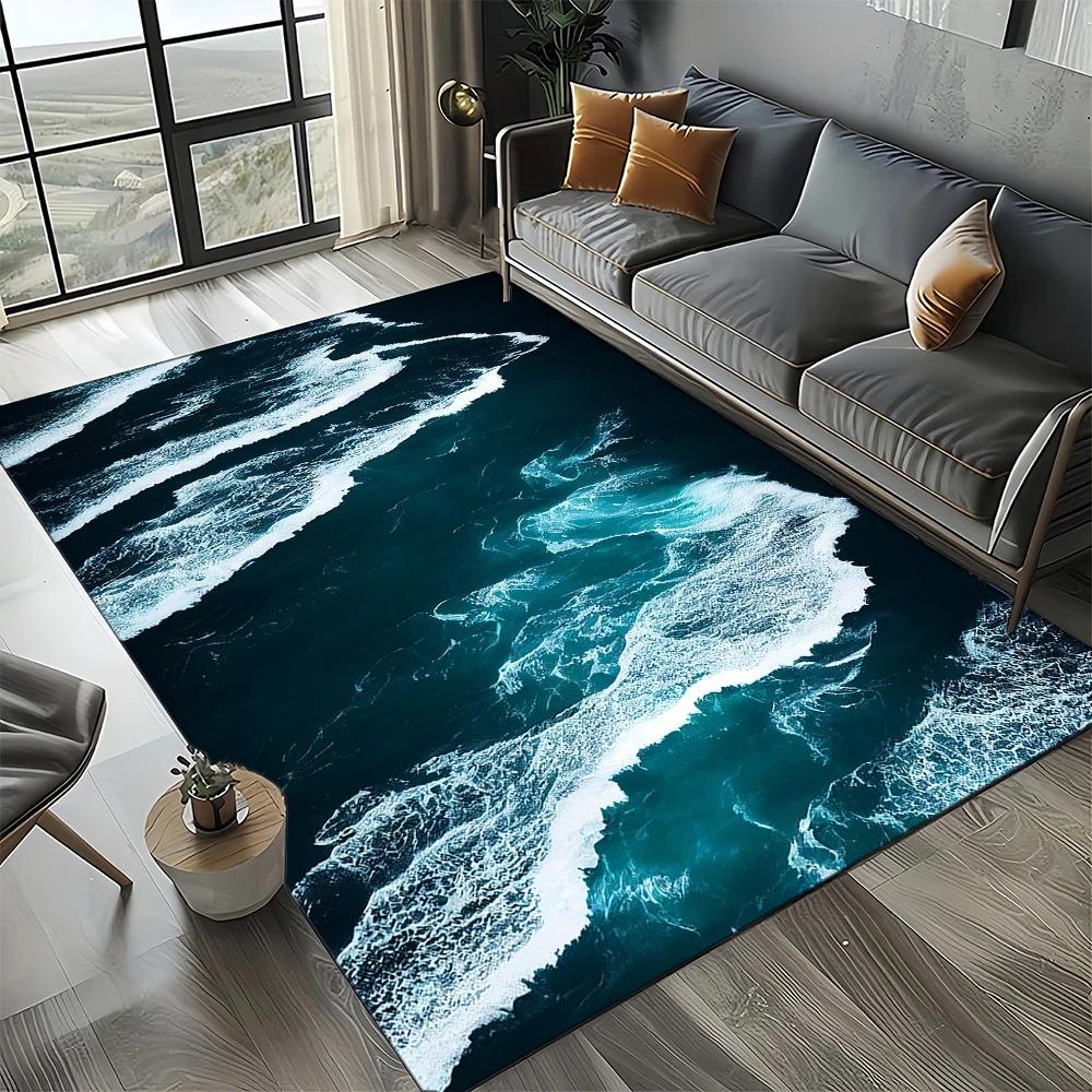 2D Ocean Wave Printed Carpet Living Room Carpet Bedroom Bedside Non-slip Mat Kitchen Carpet Multi-size Home Decorations