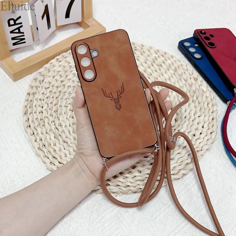 Luksusowe Etui z Paskiem Na Samsung Galaxy S25 Ultra S24 FE S21 S22 S23 Plus A56 Smycz Crossbody Skóra PU Jelonek Miękki Silikonowy Pokrowiec