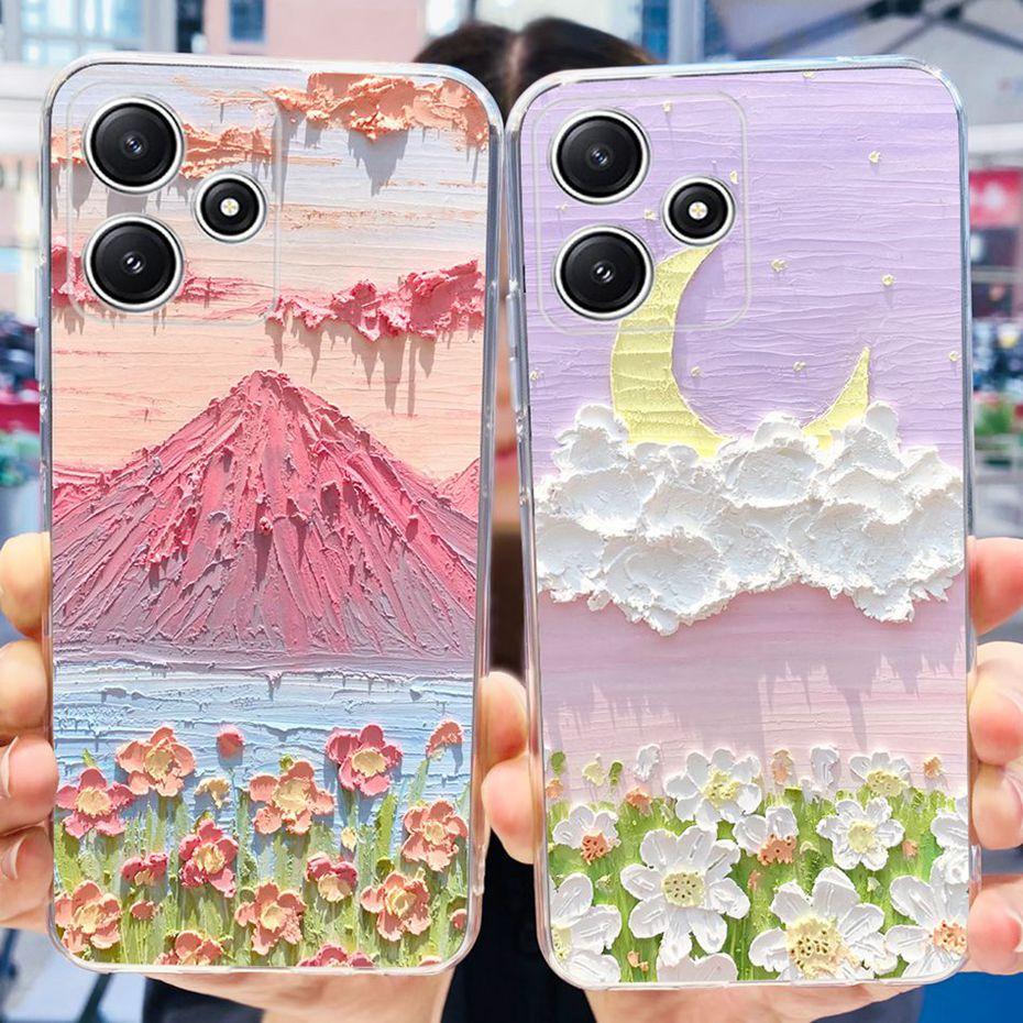 Cute Flower Cat Painted Case For Xiaomi Redmi 12 5G 2023 Soft Silicone TPU Back Cover For Redmi12 5G Global Phone Bumper