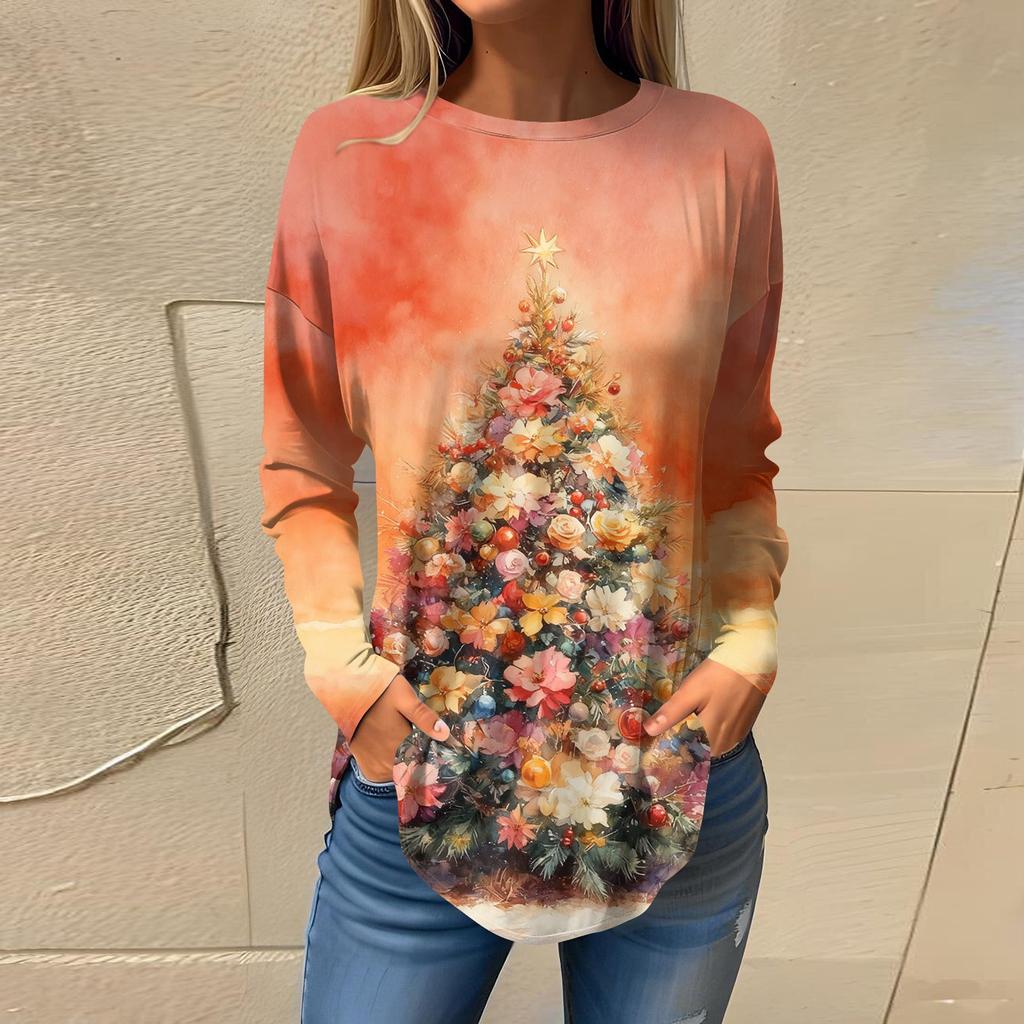 Weihnachts-Stil Damenbekleidung Schneeflocke Weihnachtsbaum Print Pullover Rundhalsausschnitt Langarm T-Shirt Festlich Lässig Lockeres Oberteil