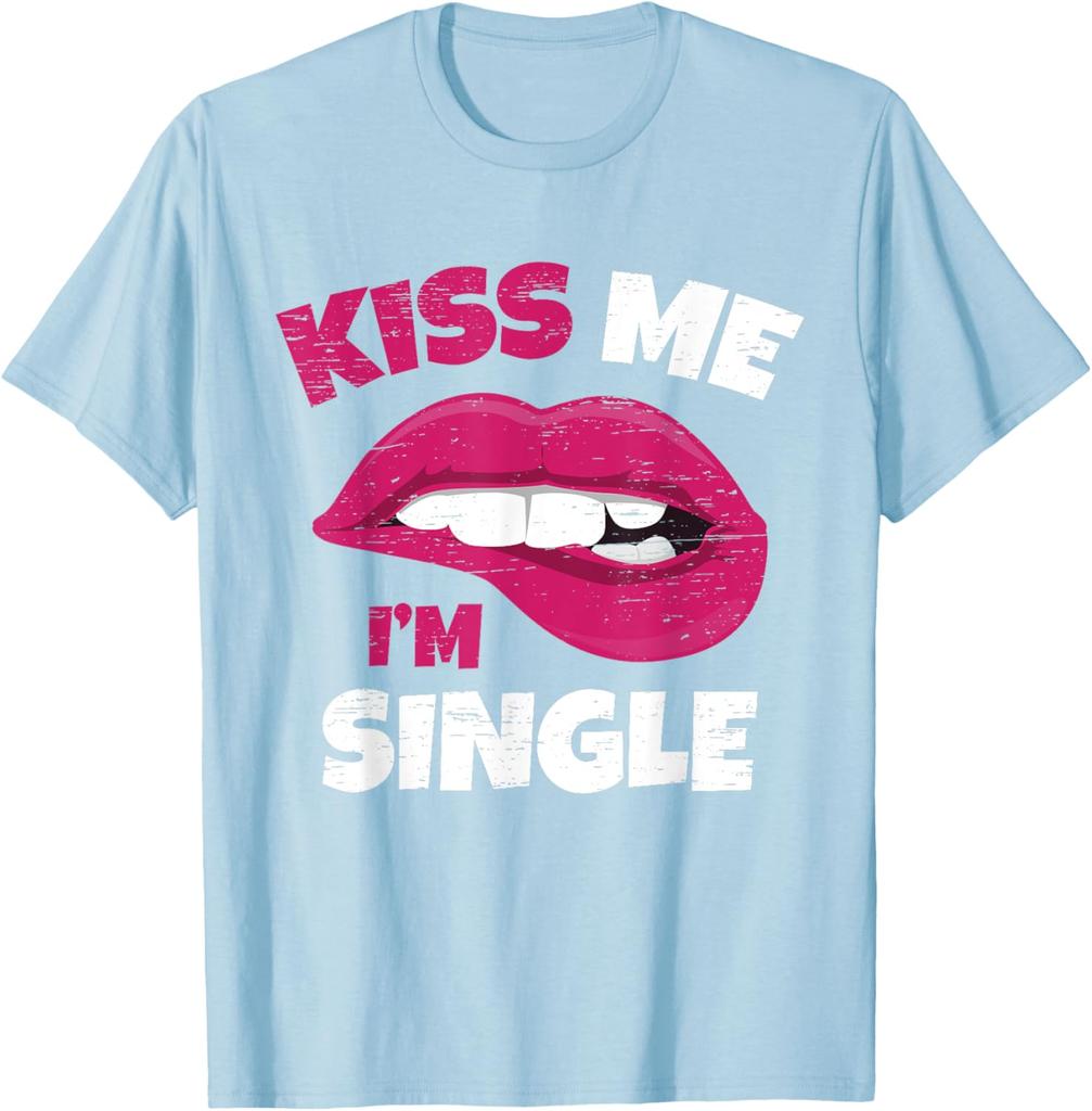 Kiss Me Im Single Lips Graphic Print Round Neck Cotton Short Sleeve T-Shirt Casual Daily Adults
