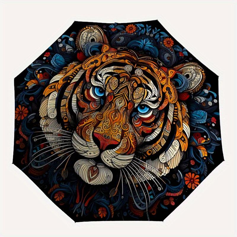 

1pc Tiger Mandala Automatic Open/close Folding Compact Umbrella, 8-Rib Sturdy Canopy, Lightweight Portable, Everyday Use, Gift, Outdoor Umbrella, Trav
